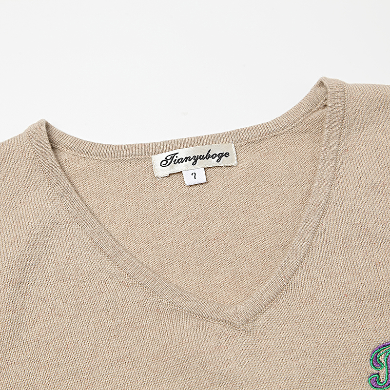 Cashmere Wool Sweater Women High Quality V-neck Beige Letter Embroidery Sweaters Pullover Lady Warm Soft Solid Natural Fabric